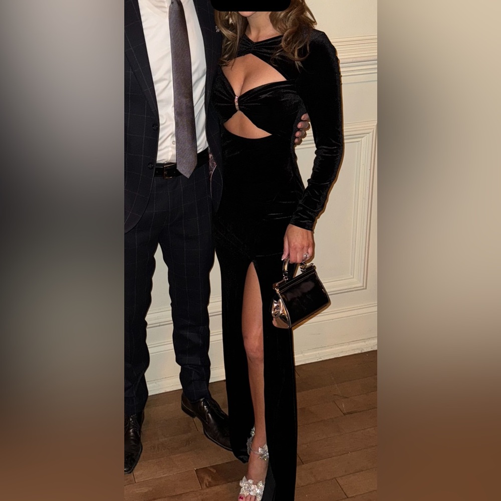 Black velvet gown with diamond embellishment